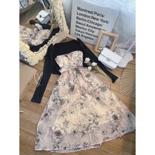 SET ĐẦM MIDI 2S BÚN HOA NUDE CỘT EO +  KHOÁC ĐEN