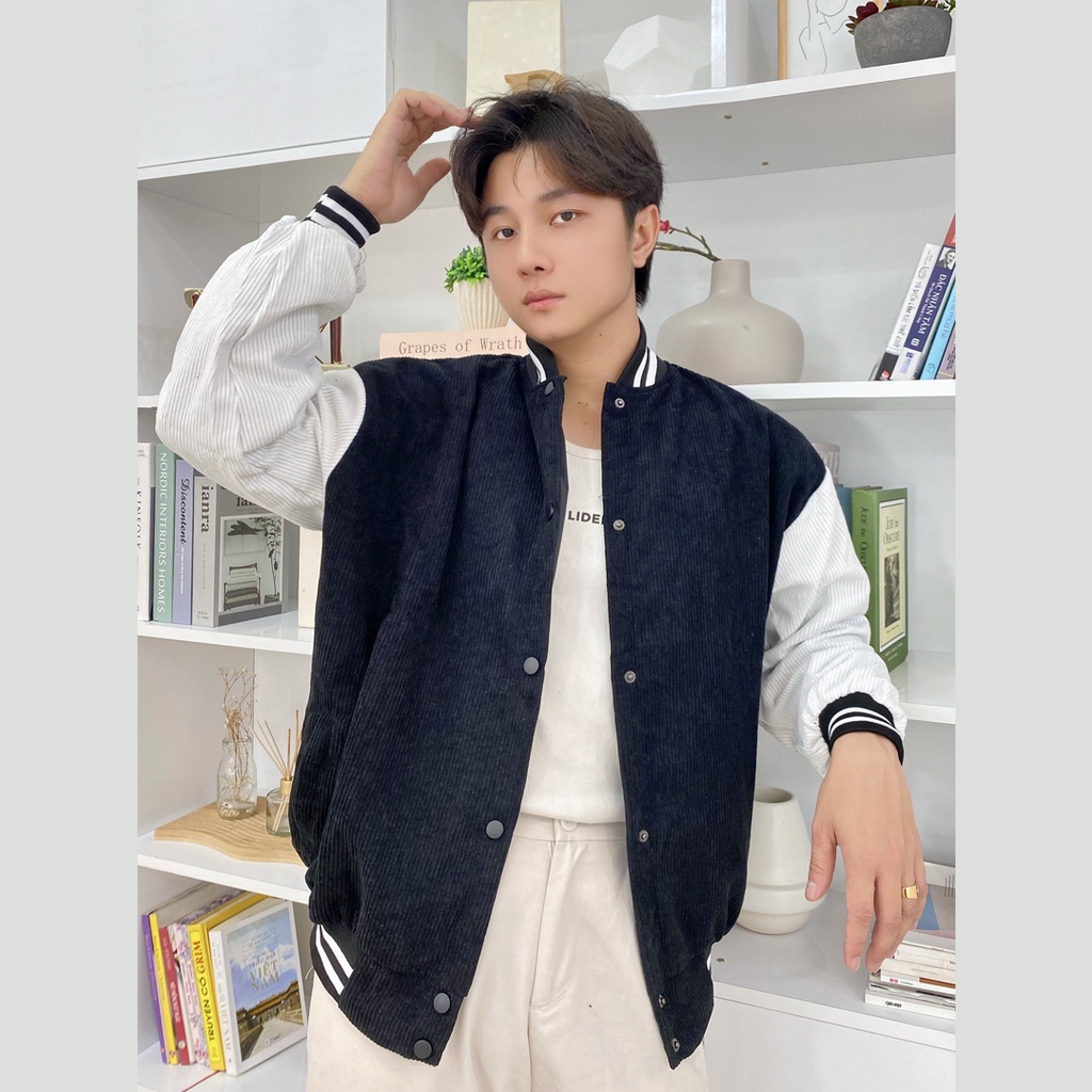 Áo khoác nam bomber nhung tăm nỉ đẹp form rộng 2 lớp bóng chày cao cấp M Fashion BB02