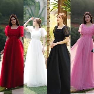 Đầm maxi cổ vuông xốp ren lưới nhiều màu