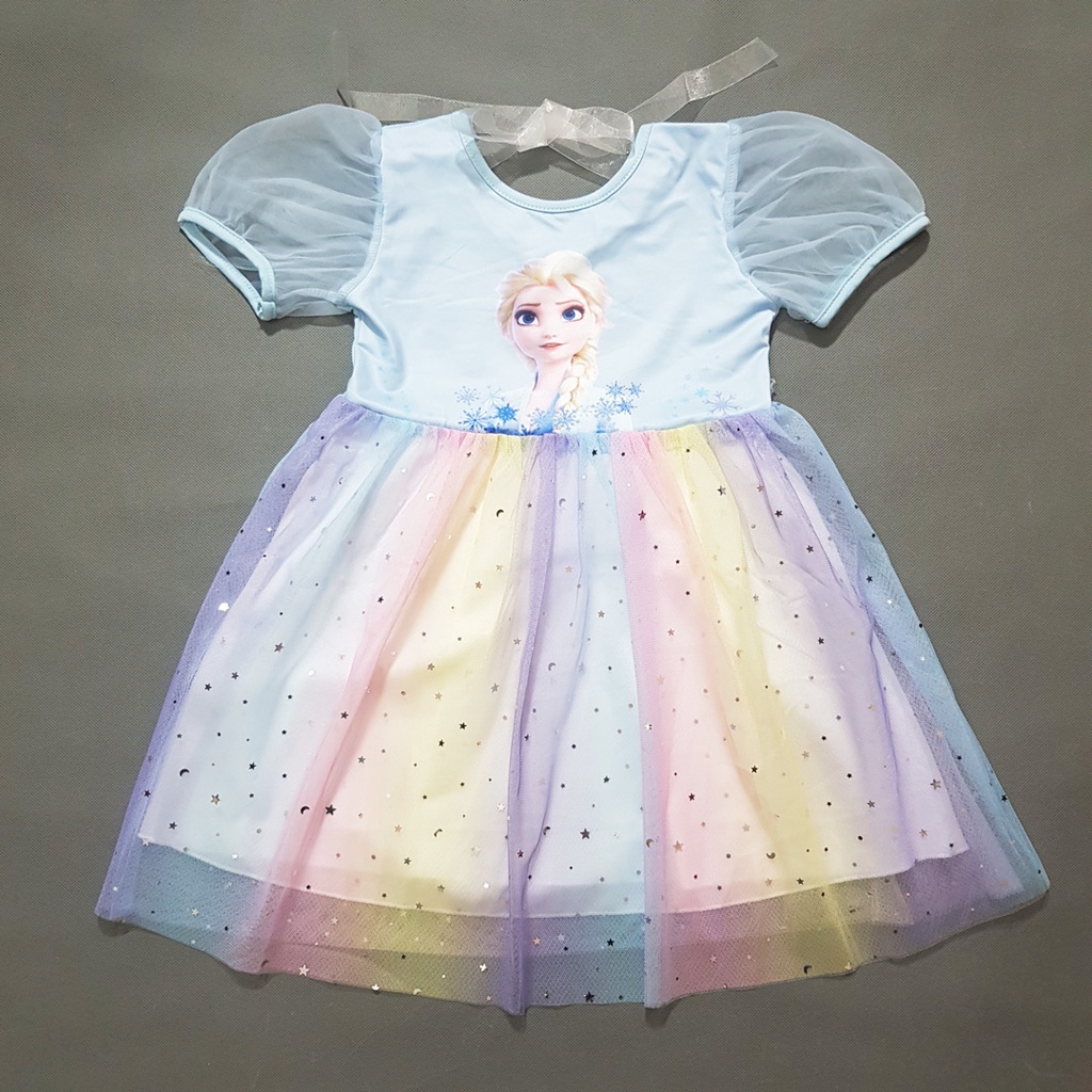 Đầm thun voan cầu vồng elsa lấp lánh cho bé gái