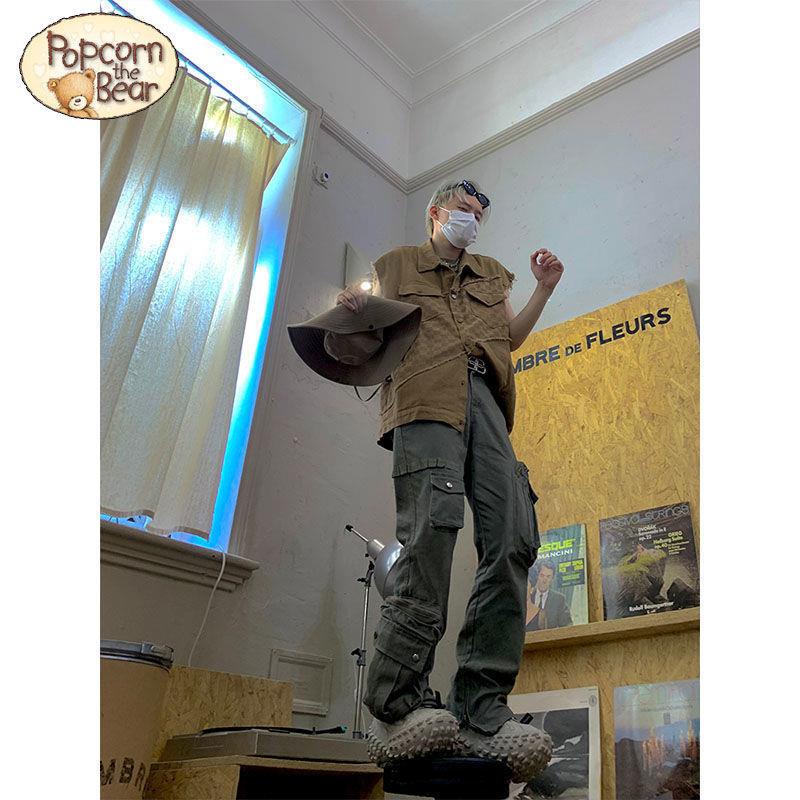 Bắp Rang Gấu  Áo Vest Denim Khâu Nhiều Túi + Quần Yếm Cotton