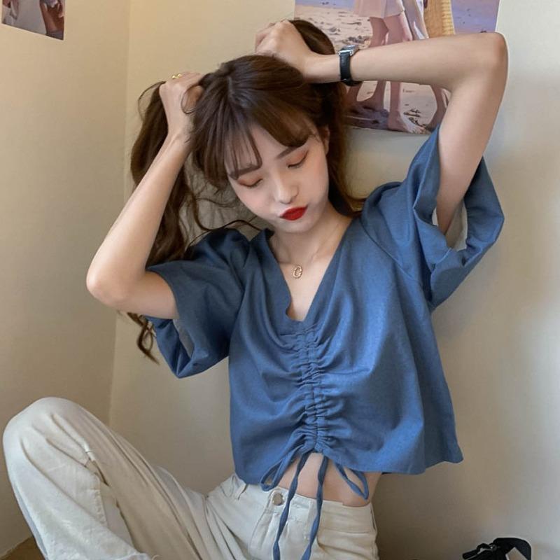 Áo Sơ Mi Denim Xanh Dương Dáng Rộng Cổ Chữ V Thiết Kế Dây Rút Phong Cách Pháp Thời Trang Mùa Hè 2022 Mới Dành Cho Bạn Nữ