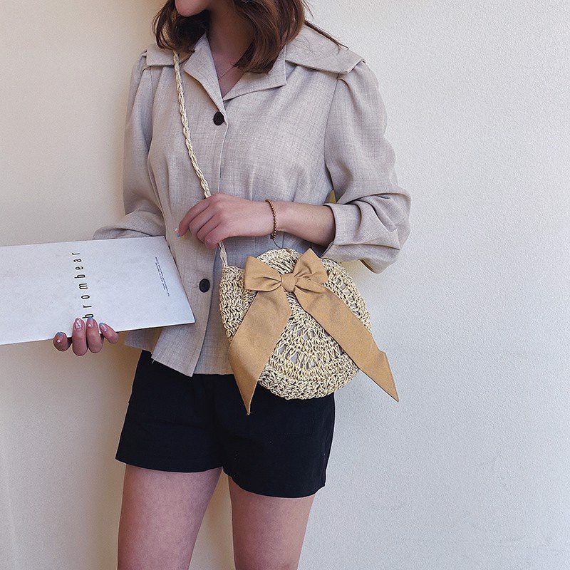 [NowShip - Giao Ngay] Túi Cói Boho Vintage Đeo Vai, Đeo Chéo Hình Tròn Dây Da Màu Nâu Be Trơn