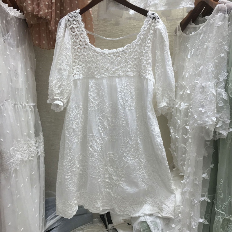 Đầm Tay Lỡ Phối Ren Dáng Suông Thêu Hoa Xinh Xắn Thời Trang Cho Nữ