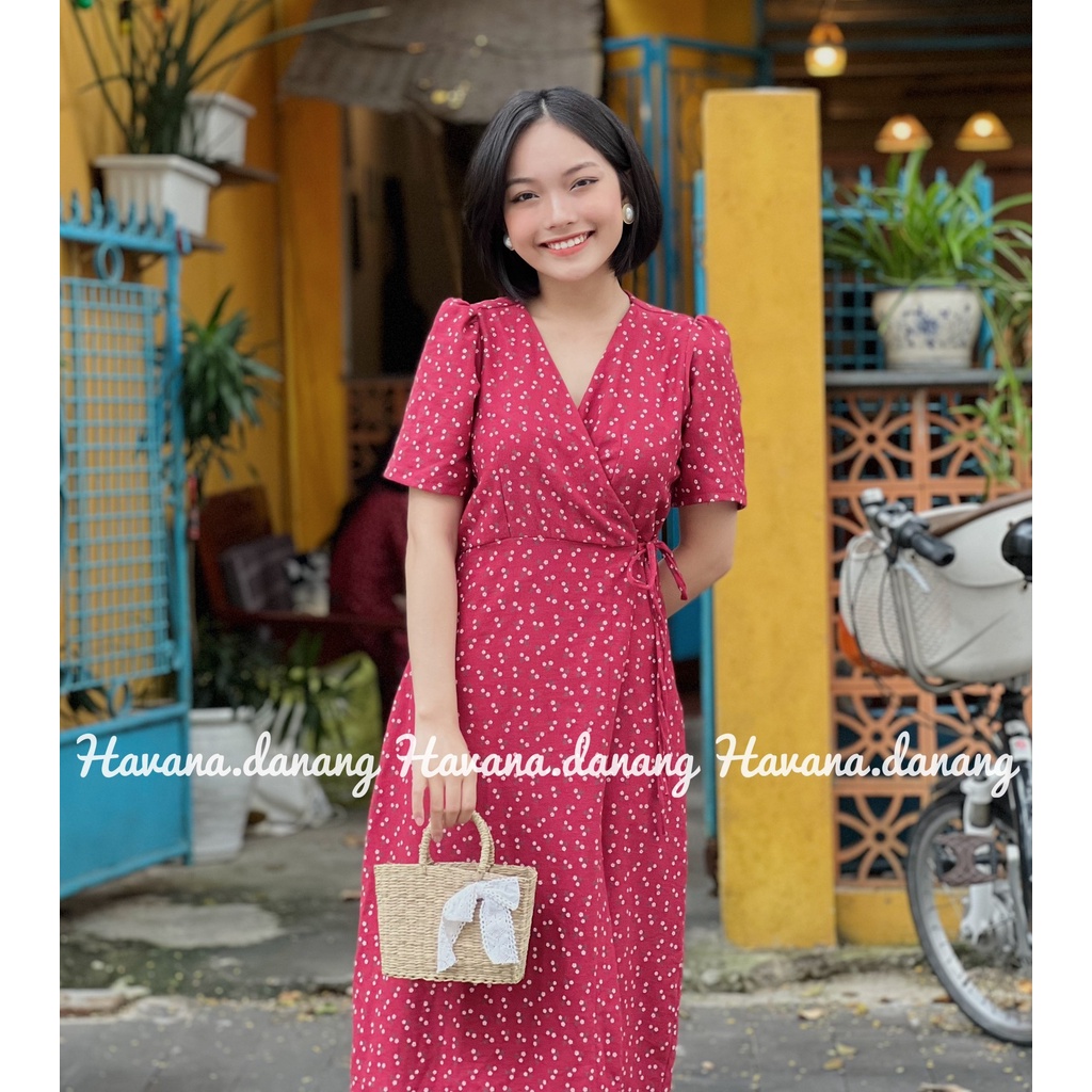 Đầm hoa nhí đỏ, đầm hoa nhí dây buộc thắt eo chất nhung | BigBuy360 - bigbuy360.vn