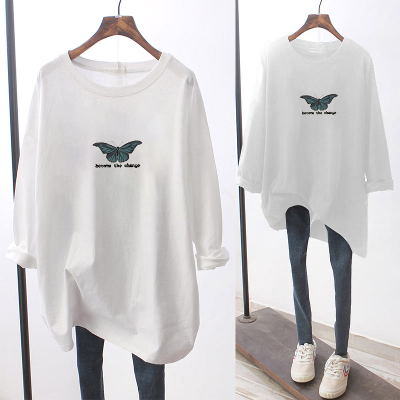 NRVP Áo thun dáng rộng tay dài họa tiết bướm thời trang mùa thu cho nữ