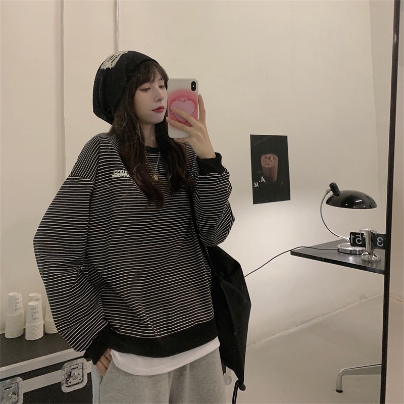 【ZHELIHANGFEI】Áo Thun Tay Dài Giả Hai Lớp Họa Tiết Kẻ Sọc Thời Trang Dễ Phối Đồ Cho Nữ