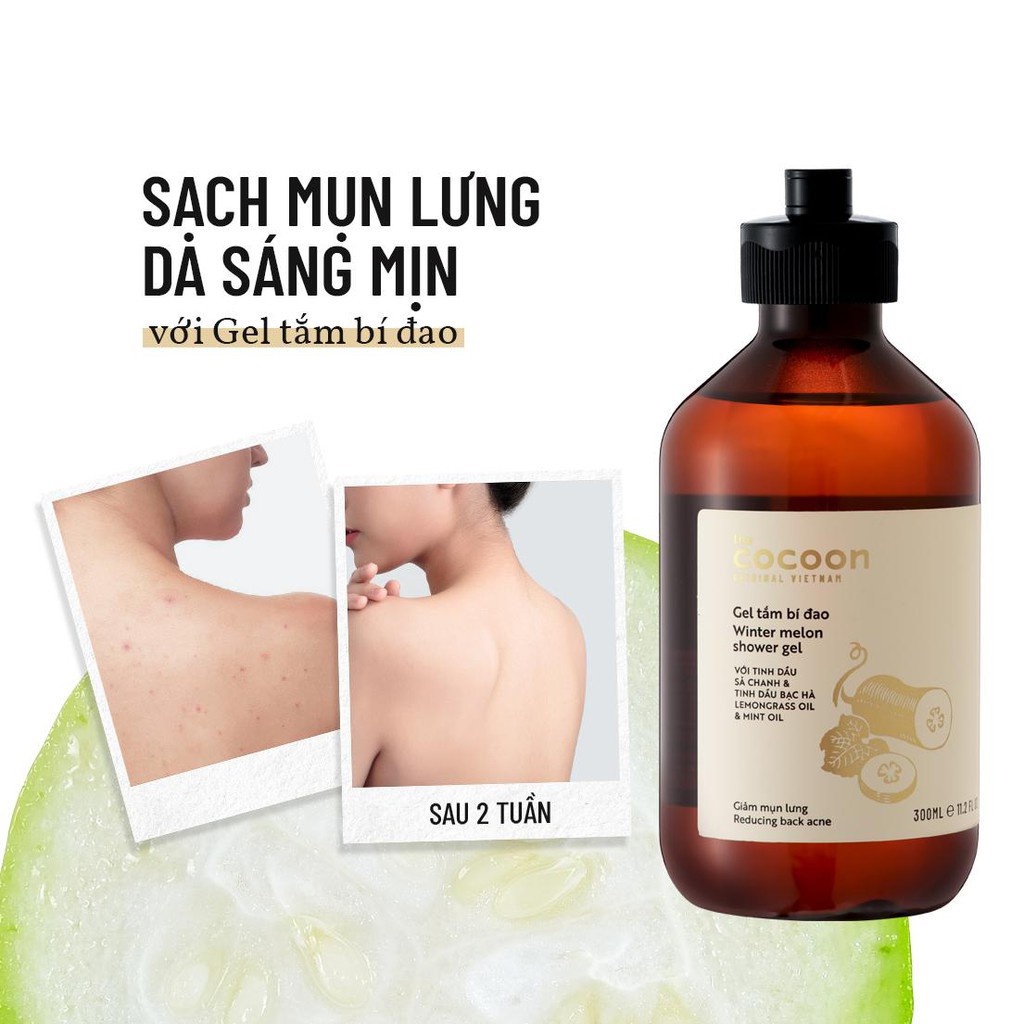 Combo Sáng Mịn Sạch Mụn: 1 Gel tắm bí đao Cocoon 310ml + 1 Cà phê Đắk Lắk làm sạch da chết cơ thể Cocoon 200ml