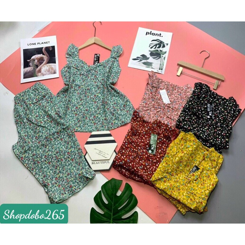 Bộ ngủ 2 dây, đồ bộ nữ,đồ ngủ mặc nhà lửng tay cánh tiên vải lụa hoa nhí siêu cute.