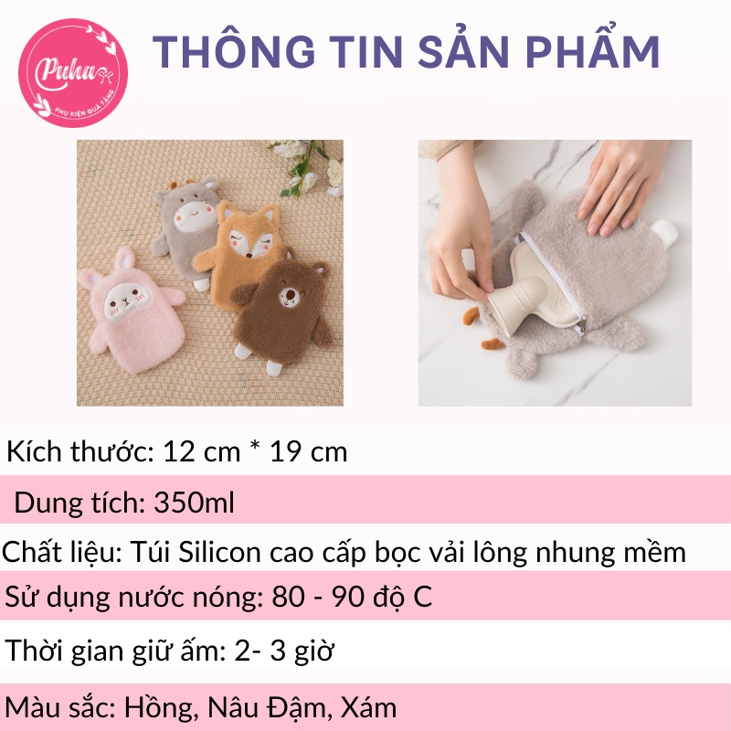 Túi chườm nóng PUHA 350ml chườm nóng bụng kinh giảm đau hiệu quả cho nữ, túi sưởi giữ nhiệt đa năng