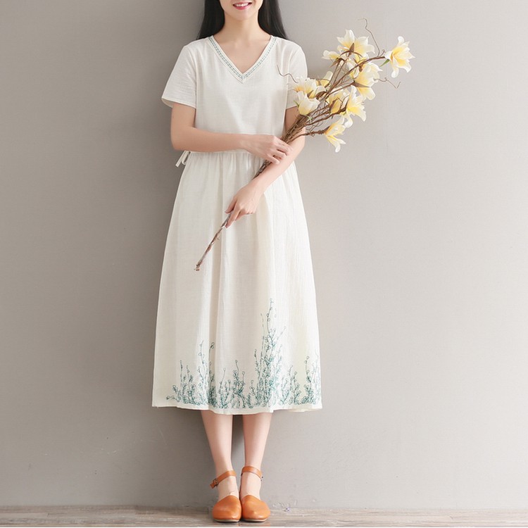 [ORDER] Váy đầm linen bigsize thêu hoa màu trắng (V020)