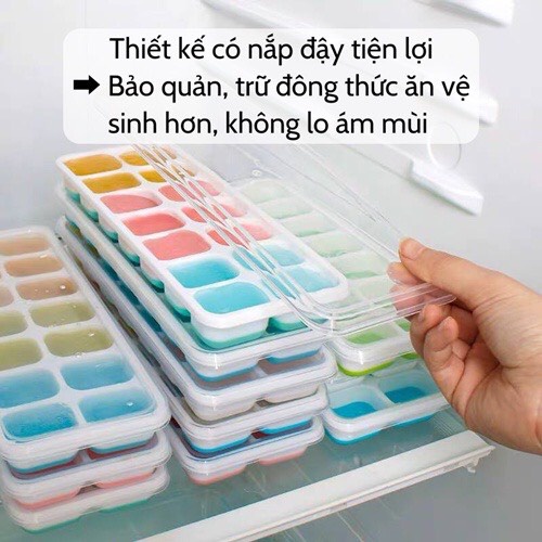 Khay Đá Silicon Có Nắp Đậy 14 Viên, Khay Đựng Đá Tủ Lạnh, Làm Đá Thạch Kem