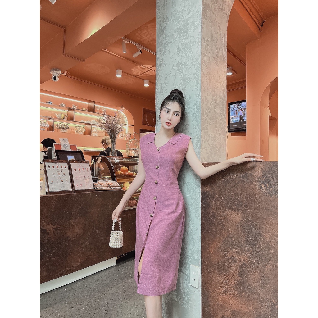 ĐẦM SUÔN LINEN 2 TÚI PHỐI NÚT– M012