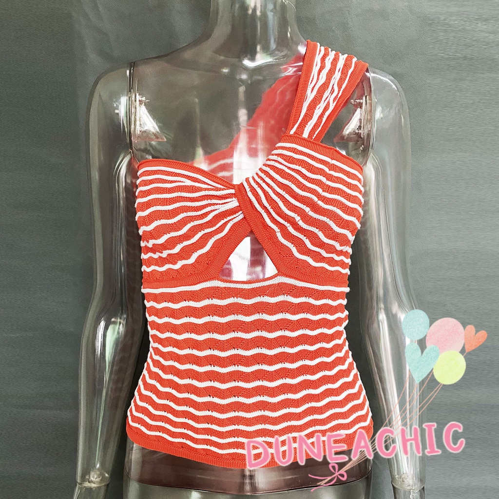 DUNEA Áo Tank Top Len Kẻ Sọc Một Bên Vai Thời Trang Cho Nữ