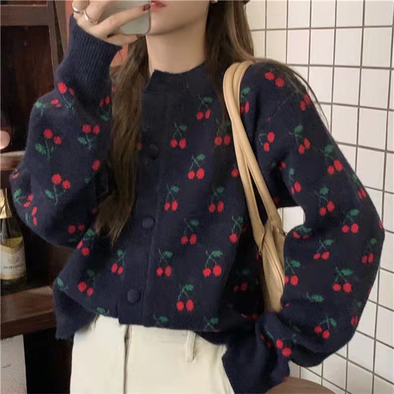 Áo khoác cardigan dệt kim in hình quả cherry ngọt ngào thời trang mùa thu