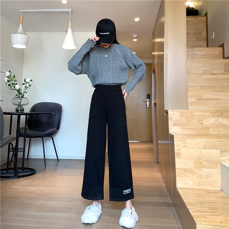 SUXI Quần dài ống rộng lưng cao phong cách hàn quốc