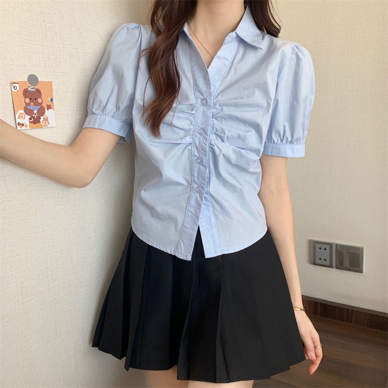 Áo sơ mi BH tay phồng ngắn xếp ly thời trang Hàn Quốc mới cho nữ