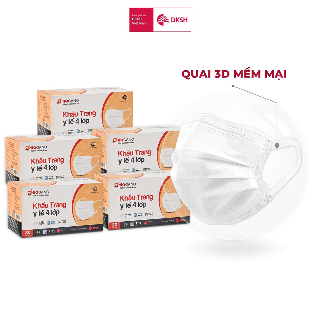 Combo 5 Hộp khẩu trang y tế quai 3D mới 4 lớp HQGANO  kháng khuẩn, đạt chuẩn xuất khẩu, không mùi, chất liệu cực mềm mại