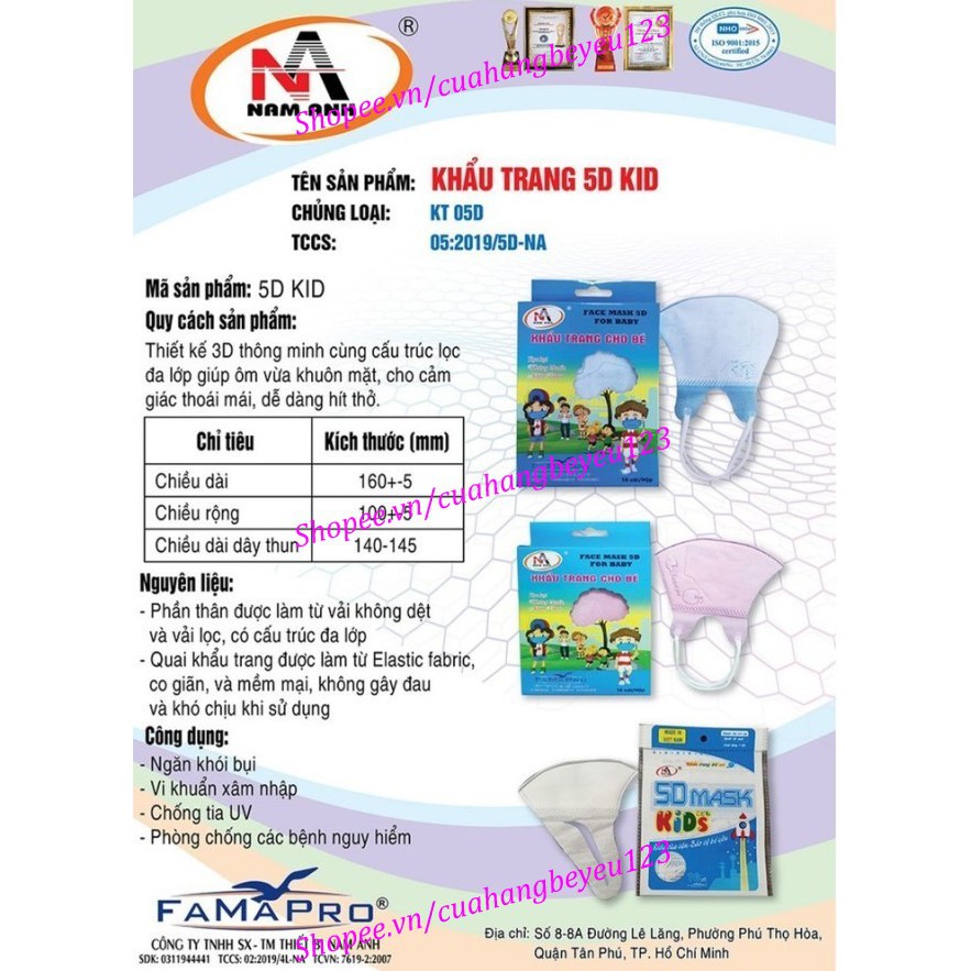 Hộp 10 khẩu trang y tế trẻ em 5D FAMAPRO / TTCARE / TT CARE - Việt Nam