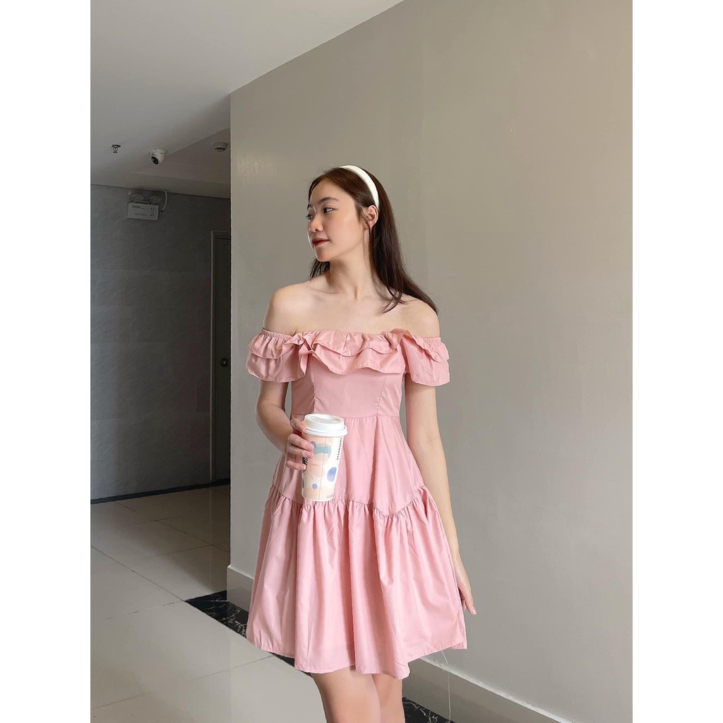 [Sẵn/ảnh thật] Váy trễ vai hồng phấn trắng chun sau tiểu thư siêu xinh đầm xinh đi chơi
