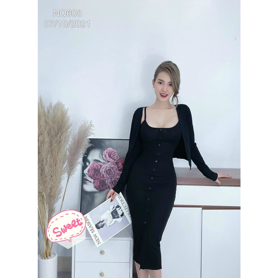Set Đầm body hai dây from dài chất thun L1 kèm áo khoác, đầm siêu tôn dáng | BigBuy360 - bigbuy360.vn