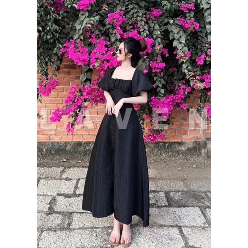 Đầm maxi cup ngực tay phồng nút bọc 2 màu ( loại có mút ngực)
