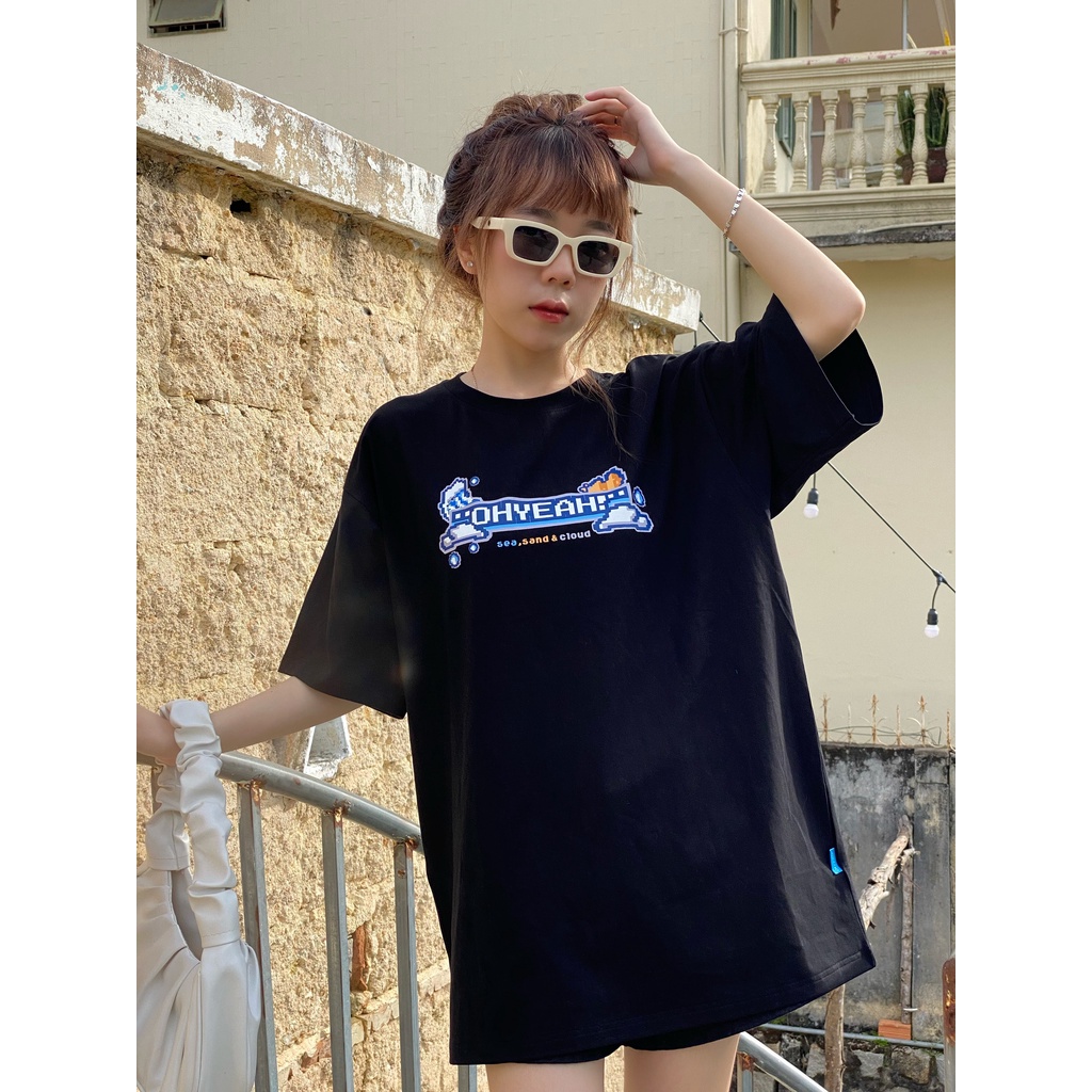 Áo thun tay lỡ OHYEAH phông Unisex nam nữ Premium Cotton oversize form rộng SUMMER VIBES - Đen