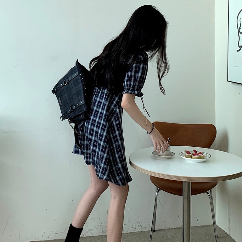 Đầm Ngắn Giả Hai Mảnh Tay Phồng Họa Tiết Kẻ Sọc Caro Phong Cách Cổ Điển Thời Trang Mùa Hè Hàng Mới Dành Cho Bạn Nữ