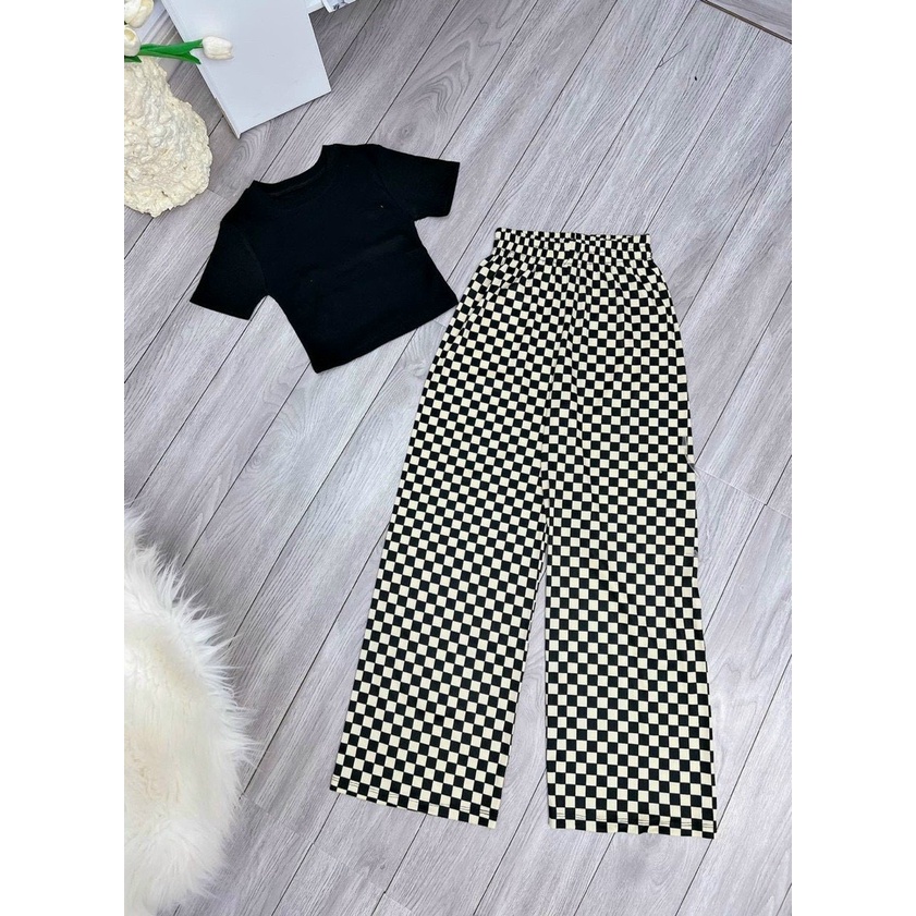Set bộ đi chơi nữ áo thun tay ngắn cổ tròn dáng croptop quần dài rộng suông caro xinh