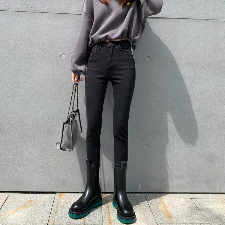 Quần Jeans Nữ Dài Lưng Cao Ôm Chân Màu Đen / Xám Khói Phong Cách Hàn Quốc