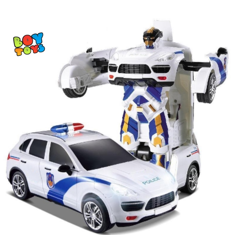 Xe ô tô cảnh sát biến hình Robot 2 trong 1 có âm thanh và đèn chiếu sáng vui nhộn, tự động tránh vật cản
