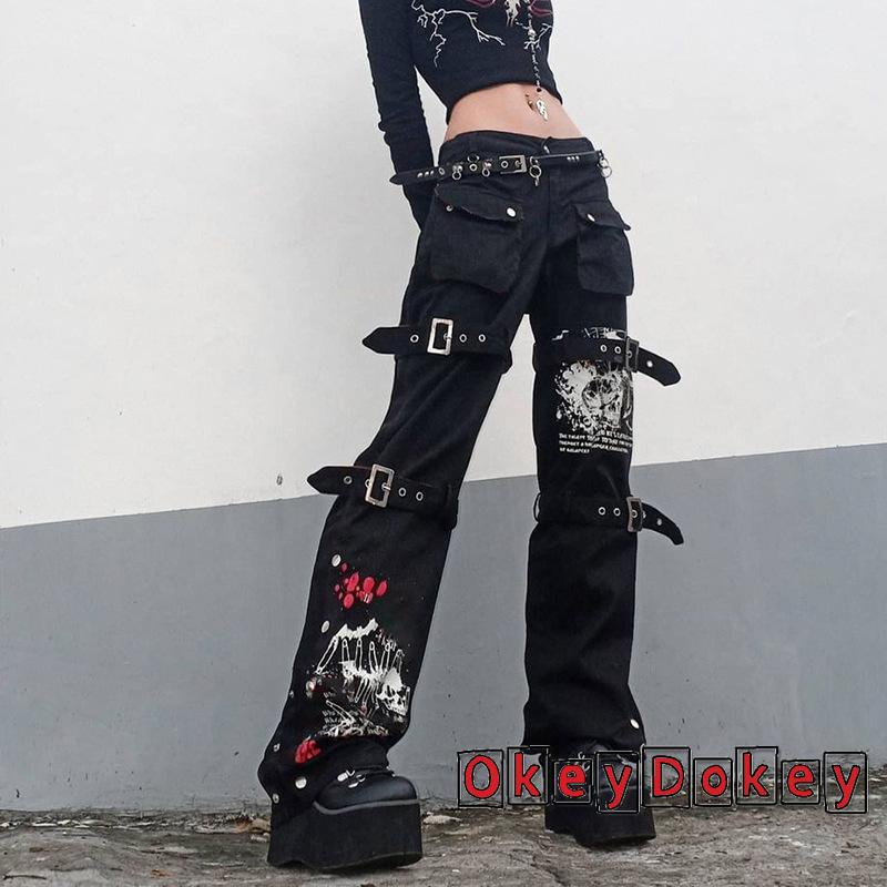 OKDK-y2k Women High Waist Jeans with Metal Buckle Belt Lengthened Style Street Dark Spring Clothing