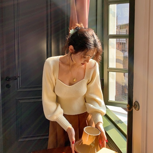 Áo sweater ZHELIHANGFEI dệt kim cổ vuông tay phồng kiểu retro dễ phối đồ