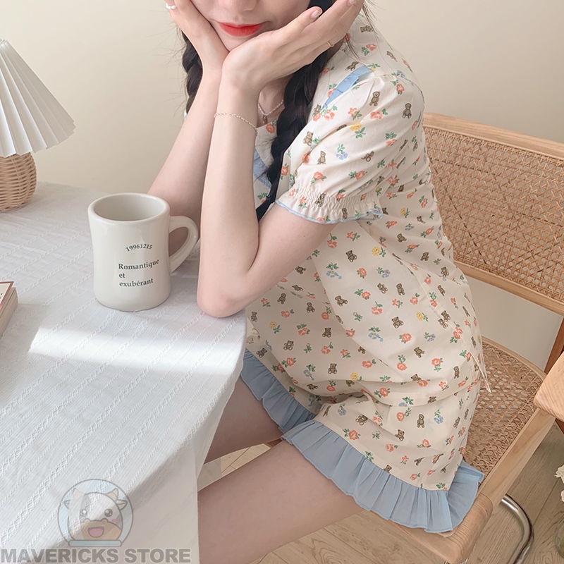 Bộ Đồ Ngủ In Hình Gấu Dễ Thương Phong Cách Hàn Quốc Thời Trang Mùa Hè Cho Nữ