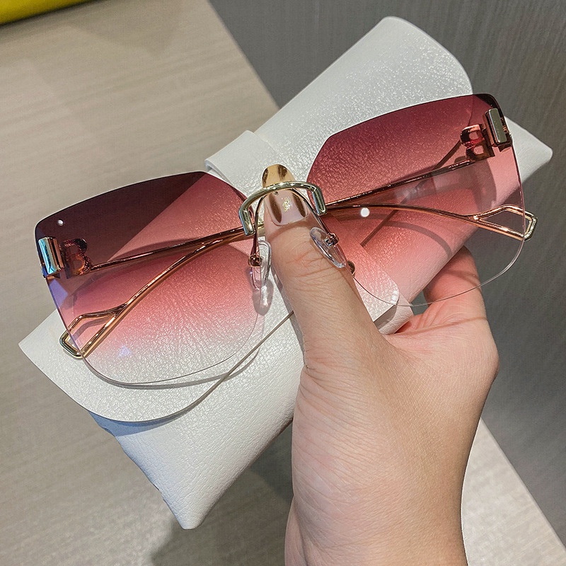 Kính Râm Nữ Không Gọng Kim Loại Phong Cách Vintage Oversized Chống Tia UV Thời Trang Năm 2021