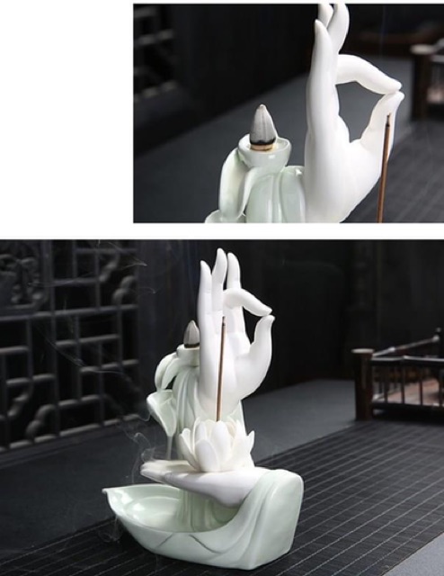 Thác khói trầm hương tay Phật nâng hoa sen đốt trầm hương giúp thư giãn, chất liệu sứ, tặng nụ trầm