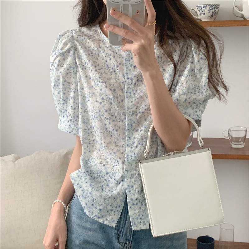 SUXI Áo Sơ Mi Tay Ngắn Cổ Tròn In Họa Tiết Hoa Phong Cách Hàn Quốc Thời Trang Cho Nữ