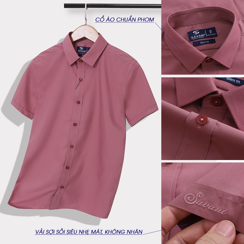 Áo sơ mi nam ngắn tay trơn  SAVANI trẻ trung, lịch lãm, vải sợi sồi không nhăn, thoáng mát MSS0162