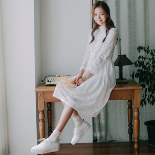 [Sẵn] Set váy ren trắng áo gile len