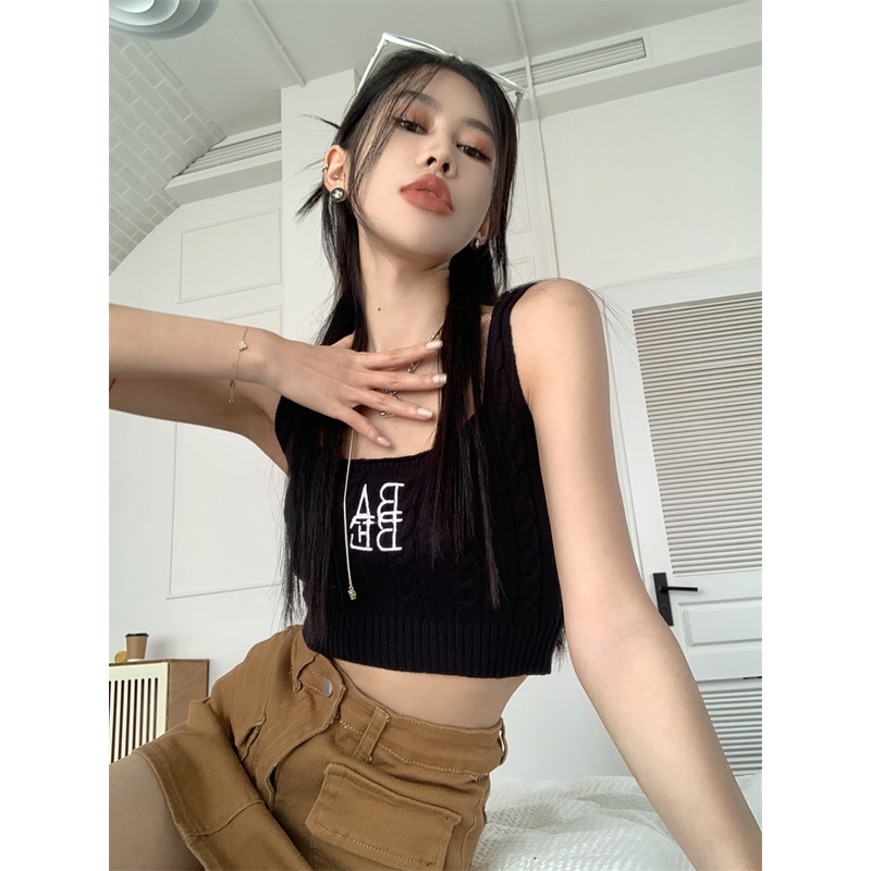 HUANG YOYO Áo Croptop Dệt Kim Hai Dây Thêu Họa Tiết Xinh Xắn Theo Phong Cách Mùa Hè Hàn Quốc