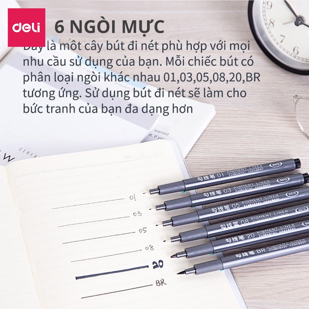 Bút kỹ thuật đi nét nhiều ngòi màu đen Deli - kháng nước - vẽ caligraphy phác thảo - bộ 6 chiếc  - S573