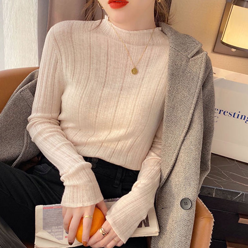 Áo Dệt Kim Mỏng Tay Dài Cổ Cao Phong Cách Thời Trang Hàn Quốc Dành Cho Nữ
