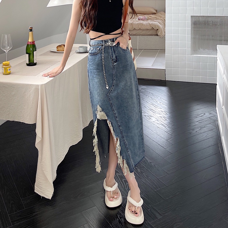 Chân váy ZHELIHANGFEI denim dáng chữ A lưng cao thiết kế xẻ rách cá tính quyến rũ