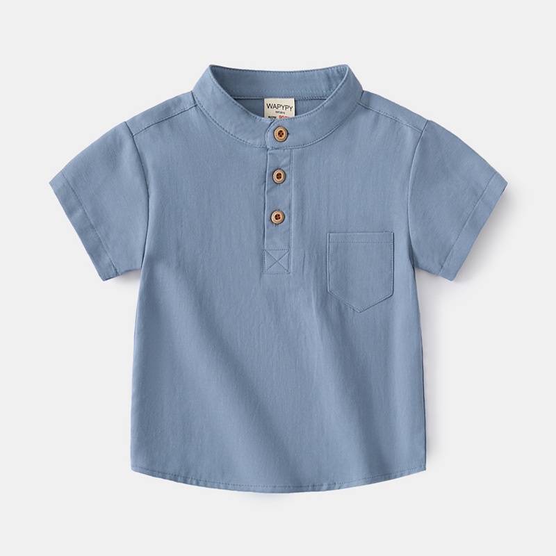 Áo sơ mi cộc tay cho bé trai Wapypy phong cách Hàn Quốc, cổ chữ V, 100% cotton mới nhất cho mùa hè 2022