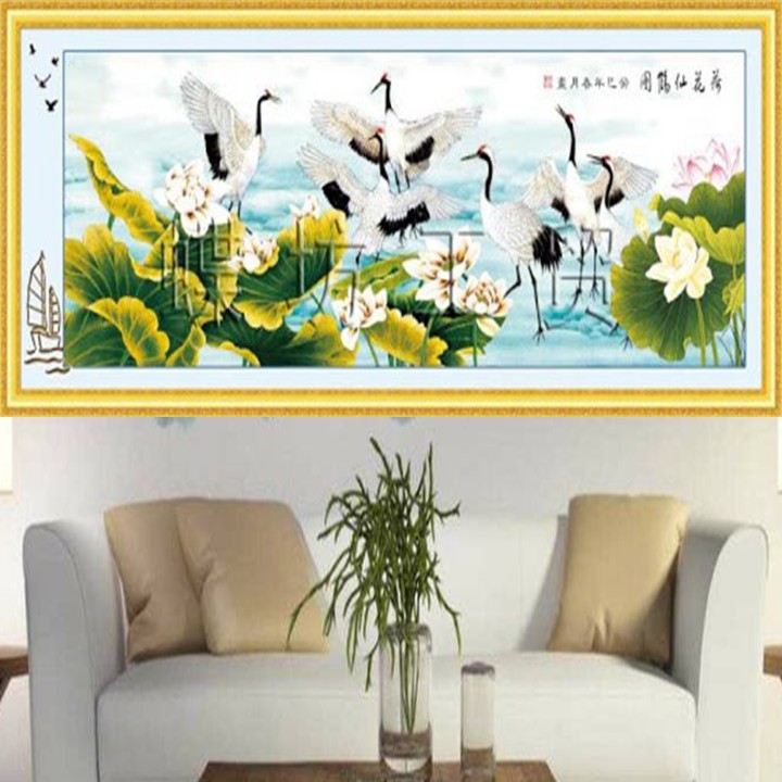 Tranh thêu bạch hạc hoa sen A794 - kích thước: 147 * 55cm. (TRANH CHƯA LÀM)