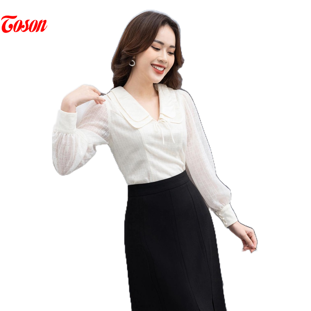 Áo sơ mi ren be kem cổ và tay phối tơ Toson 14943W62