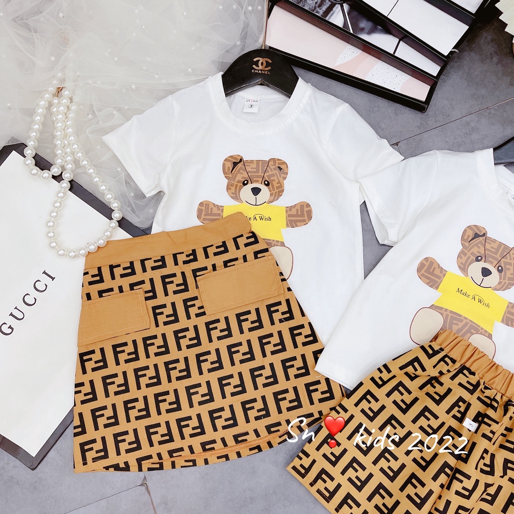 Bộ cộc tay bé trai, bé gái, cặp bộ đồng phục Fendiii vàng hot cho bé size 10-35kg