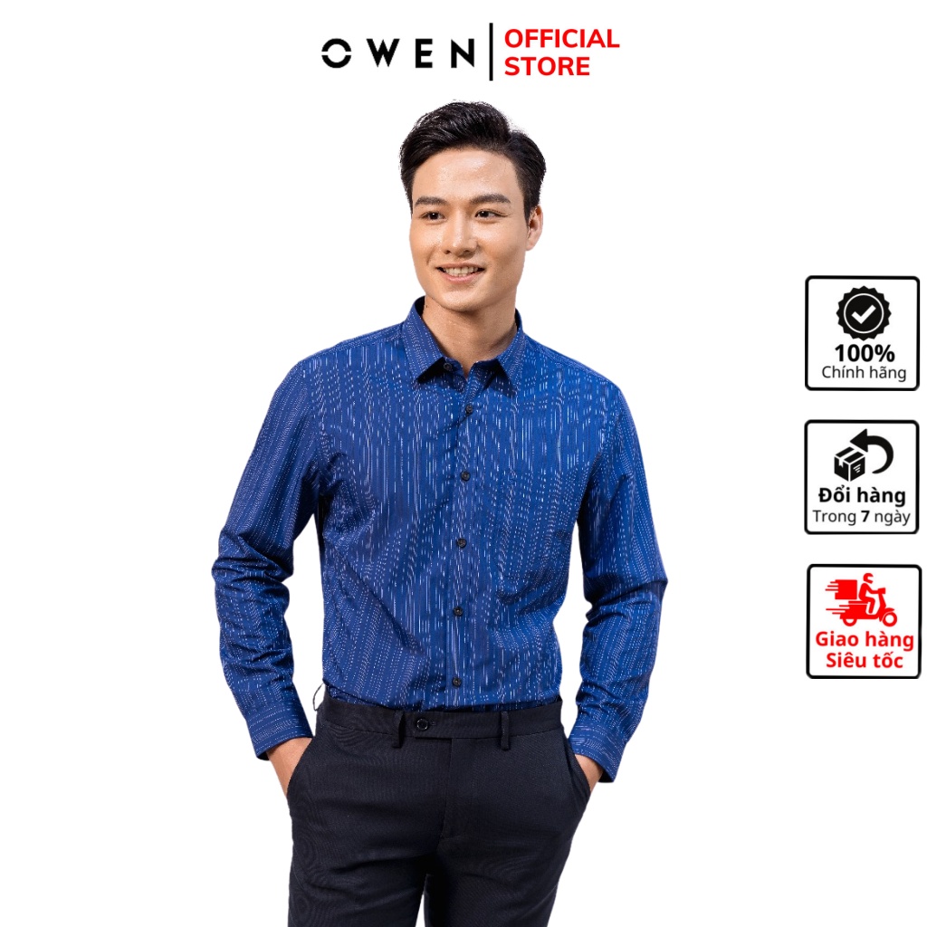 Áo sơ mi nam dài tay OWEN AR22907DT somi công sở vải sợi bạch đàn caocấp màu kẻ sọc trắng navy dáng suông tà lượn có túi