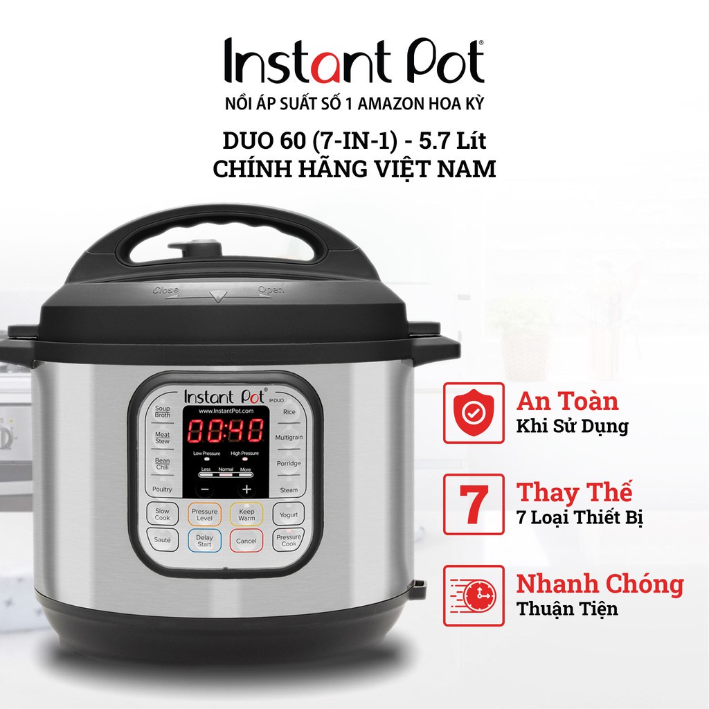 [Mã ELHADEV giảm 4% đơn 300K] Combo Nồi áp suất điện đa năng Instant Pot Duo 60 (5.7 lít) kèm xửng hấp silicone