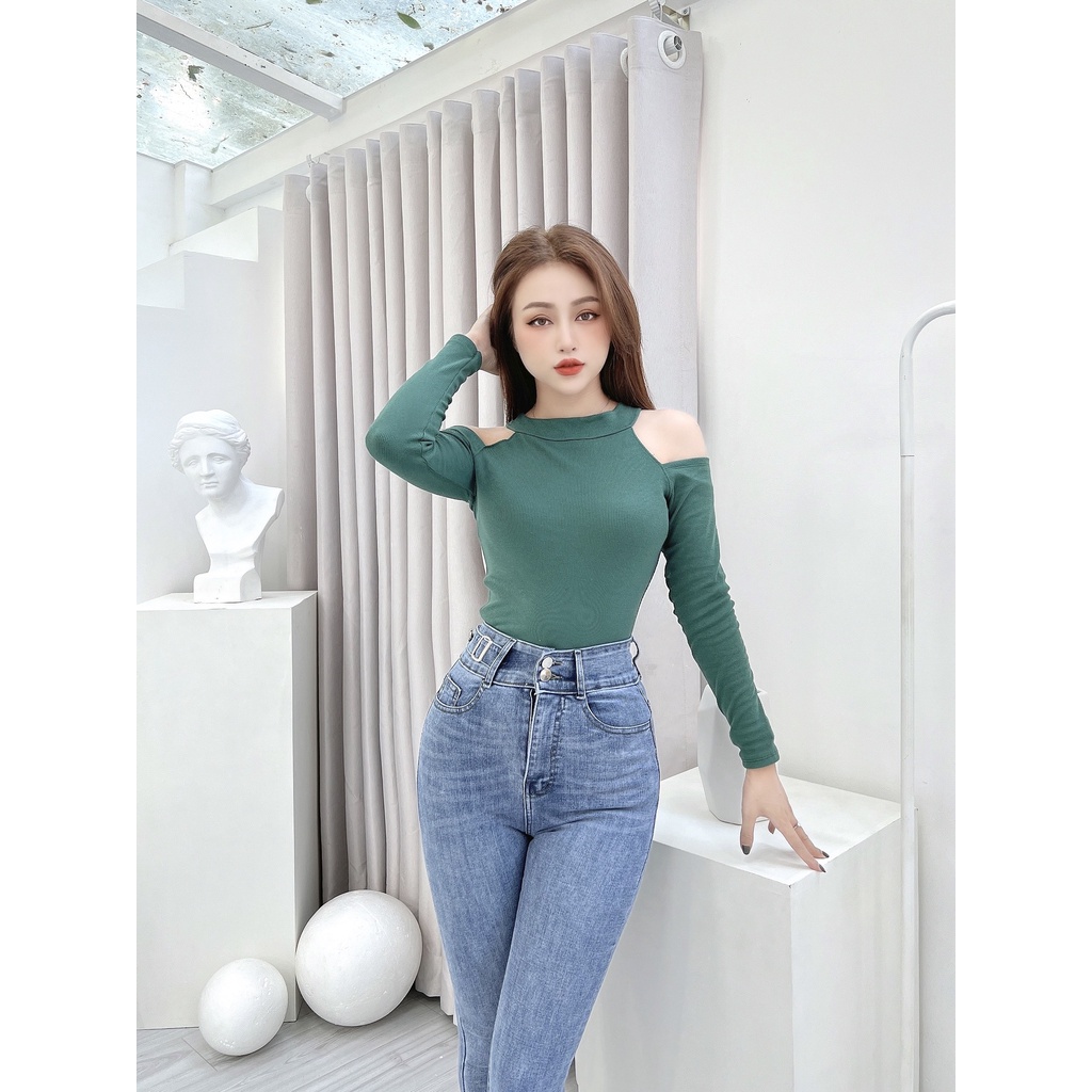 Áo thun cổ yếm tay dài nữ CRAZYTEEN khoét vai AT0298 | BigBuy360 - bigbuy360.vn
